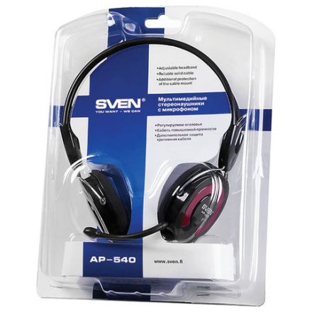 Наушники с микрофоном (гарнитура) SVEN AP-540, проводные, 2,2 м, с оголовьем, черно-красные, SV-0410540 Наушники с микрофоном (гарнитура) SVEN AP-540, проводные, 2,2 м, с оголовьем, черно-красные, SV-0410540