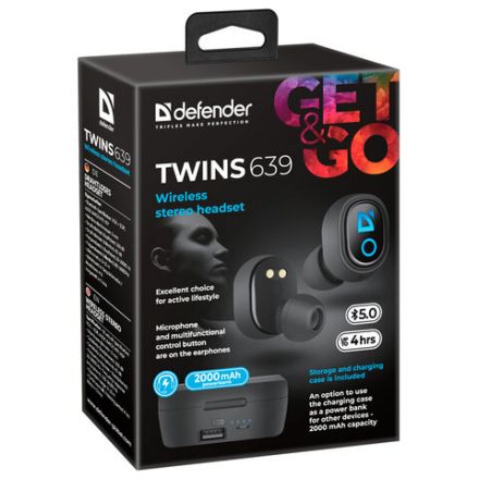 Наушники с микрофоном (гарнитура) DEFENDER TWINS 639, Bluetooth, беспроводные, черные, 63639 Наушники с микрофоном (гарнитура) DEFENDER TWINS 639, Bluetooth, беспроводные, черные, 63639