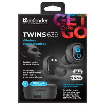 Наушники с микрофоном (гарнитура) DEFENDER TWINS 639, Bluetooth, беспроводные, черные, 63639 Наушники с микрофоном (гарнитура) DEFENDER TWINS 639, Bluetooth, беспроводные, черные, 63639