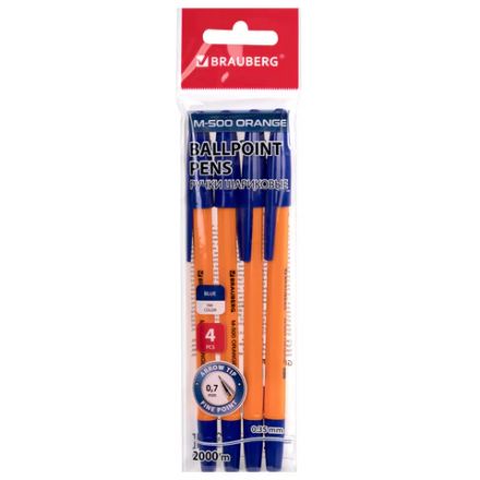 Ручки шариковые BRAUBERG "M-500 ORANGE", НАБОР 4 шт., СИНИЕ, узел 0,7 мм, линия письма 0,35 мм, 143950 Ручки шариковые BRAUBERG "M-500 ORANGE", НАБОР 4 шт., СИНИЕ, узел 0,7 мм, линия письма 0,35 мм, 143950