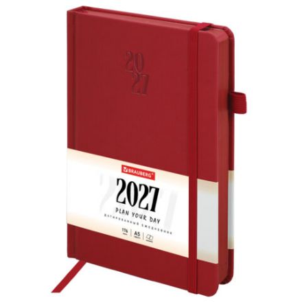 Ежедневник датированный 2027, А5, 138х213 мм, BRAUBERG "Plain", под кожу, резинка, держатель для ручки, красный, 118036 Ежедневник датированный 2027, А5, 138х213 мм, BRAUBERG "Plain", под кожу, резинка, держатель для ручки, красный, 118036
