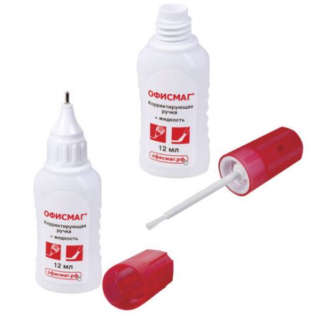 Ручка-корректор + корректирующая жидкость ОФИСМАГ, 12 мл, 2 в 1: металлический наконечник + кисточка, 225218 Ручка-корректор + корректирующая жидкость ОФИСМАГ, 12 мл, 2 в 1: металлический наконечник + кисточка, 225218