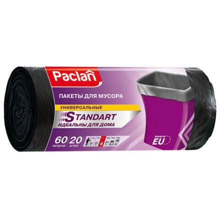 Мешки для мусора 60 л, черные, в рулоне 20 шт., ПНД, 7,4 мкм, 60х72 см, PACLAN "Standart" Мешки для мусора 60 л, черные, в рулоне 20 шт., ПНД, 7,4 мкм, 60х72 см, PACLAN "Standart"