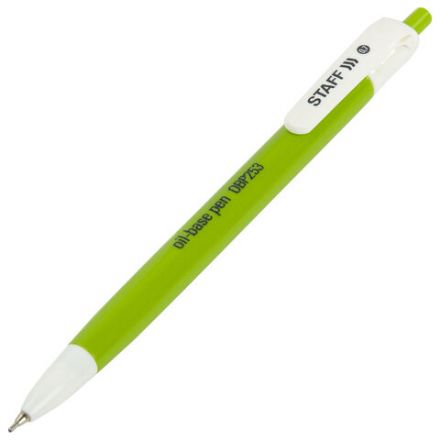 Ручка шариковая масляная автоматическая STAFF "OBP-253", СИНЯЯ, корпус ассорти, узел 0,7 мм, линия письма 0,35 мм, 142970