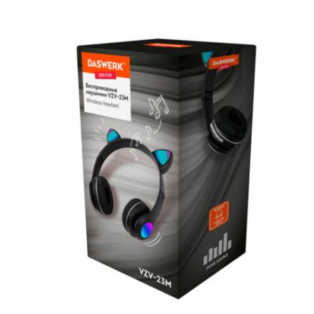Наушники беспроводные игровые накладные, с ушками, светящиеся, черные DASWERK (ДАСВЕРК) VZV-23M, 513800 Наушники беспроводные игровые накладные, с ушками, светящиеся, черные DASWERK (ДАСВЕРК) VZV-23M, 513800
