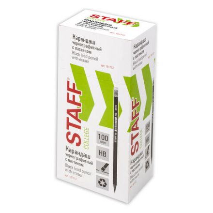 Карандаш чернографитный STAFF "College" BLP-712, 1 шт., НВ, с ластиком, пластик, корпус черный, 181712 Карандаш чернографитный STAFF "College" BLP-712, 1 шт., НВ, с ластиком, пластик, корпус черный, 181712