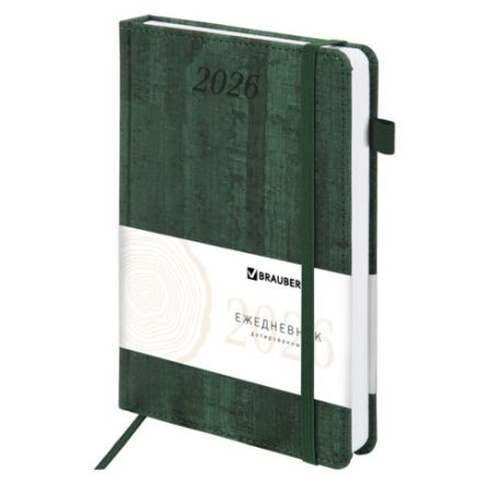 Ежедневник датированный 2026 А5 138x213 мм, BRAUBERG "Wood", под кожу, держатель для ручки, зеленый, 117109
