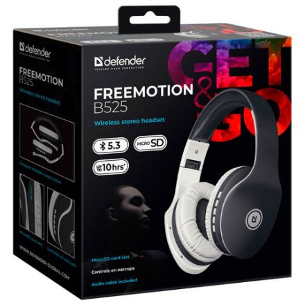 Наушники с микрофоном (гарнитура) DEFENDER FREEMOTION B525, Bluetooth, беспроводные, черные с белым, 63525 Наушники с микрофоном (гарнитура) DEFENDER FREEMOTION B525, Bluetooth, беспроводные, черные с белым, 63525