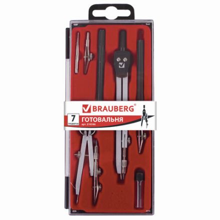 Готовальня BRAUBERG "Architect", 7 предметов: циркуль + кронциркуль с рейсфедором, рейсфедер + держатель, 2 вставки, грифель, 210346 Готовальня BRAUBERG "Architect", 7 предметов: циркуль + кронциркуль с рейсфедором, рейсфедер + держатель, 2 вставки, грифель, 210346