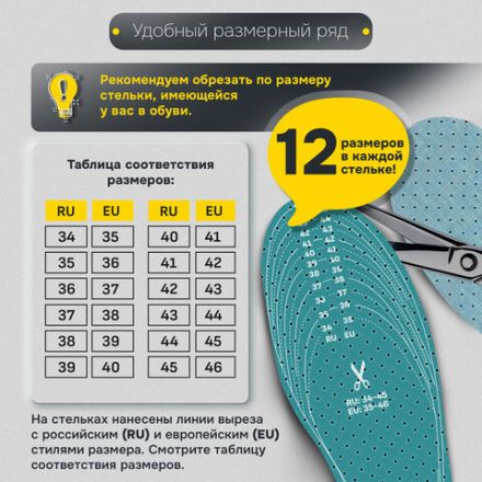 Стельки для обуви АНТИЗАПАХ, УНИВЕРСАЛЬНЫЙ размер RU 34-45 / EU 35-46 с линиями выреза, SHEGRA (ШЕГРА), 700732