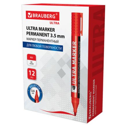 Маркер перманентный ULTRA MARKER, КРАСНЫЙ, 3,5 мм, с клипом, BRAUBERG, 152205 Маркер перманентный ULTRA MARKER, КРАСНЫЙ, 3,5 мм, с клипом, BRAUBERG, 152205
