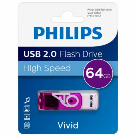 Флеш-диск 64 GB PHILIPS VIVID, разъем USB 2.0, фиолетовый, FM64FD05P/97 Флеш-диск 64 GB PHILIPS VIVID, разъем USB 2.0, фиолетовый, FM64FD05P/97