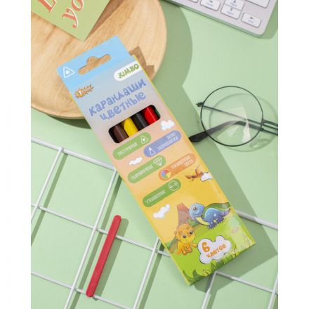 Карандаши цветные 6 цв. 3-гран №1School ДИНО утолщен Карандаши цветные 6 цв. 3-гран №1School ДИНО утолщен