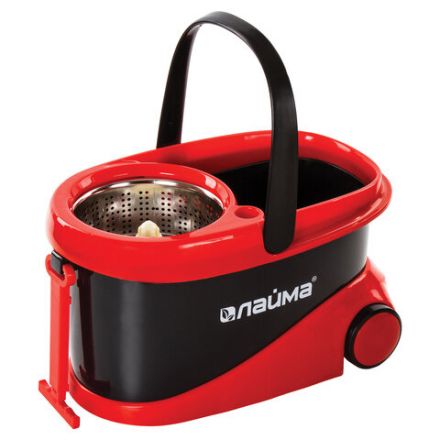 Швабра с отжимом и ведром 19л/9л на колесах и ручкой для перевозки, отжим центрифуга, 2 круглые насадки, черно-красный, LAIMA, 606303, M029B Швабра с отжимом и ведром 19л/9л на колесах и ручкой для перевозки, отжим центрифуга, 2 круглые насадки, черно-красный, LAIMA, 606303, M029B