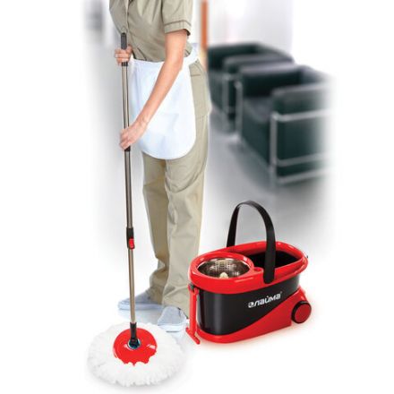 Швабра с отжимом и ведром 19л/9л на колесах и ручкой для перевозки, отжим центрифуга, 2 круглые насадки, черно-красный, LAIMA, 606303, M029B Швабра с отжимом и ведром 19л/9л на колесах и ручкой для перевозки, отжим центрифуга, 2 круглые насадки, черно-красный, LAIMA, 606303, M029B