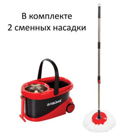 Швабра с отжимом и ведром 19л/9л на колесах и ручкой для перевозки, отжим центрифуга, 2 круглые насадки, черно-красный, LAIMA, 606303, M029B