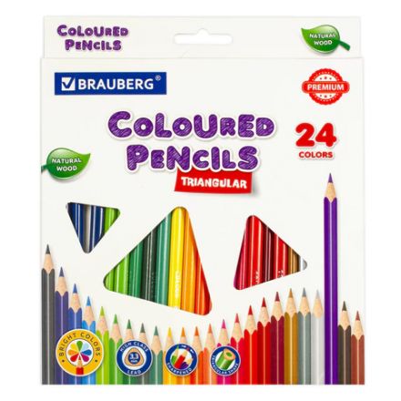 Карандаши цветные BRAUBERG PREMIUM, 24 цвета, трехгранные, грифель 3,3 мм, натуральное дерево, 181653 Карандаши цветные BRAUBERG PREMIUM, 24 цвета, трехгранные, грифель 3,3 мм, натуральное дерево, 181653