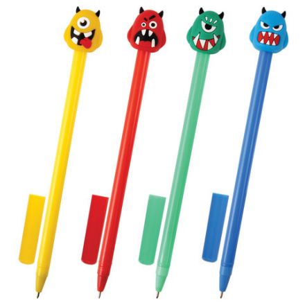 Ручка с топпером шариковая ЮНЛАНДИЯ "Монстрик", корпус ассорти, СИНЯЯ, пишущий узел 0,7 мм, 143798