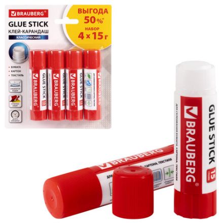 Клей-карандаш 15 г ВЫГОДНАЯ УПАКОВКА BRAUBERG, 4 штуки на блистере, 229471 Клей-карандаш 15 г ВЫГОДНАЯ УПАКОВКА BRAUBERG, 4 штуки на блистере, 229471