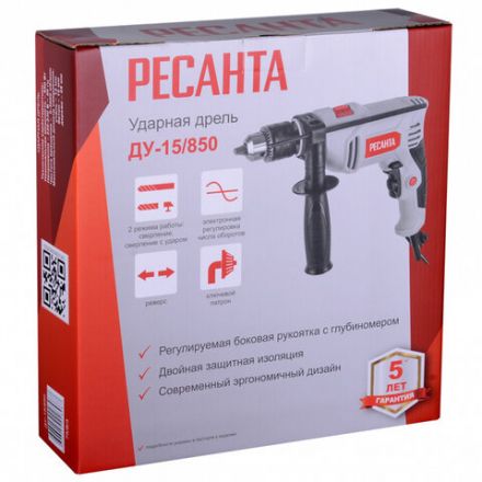 Дрель сетевая ударная, 850 Вт, 3000 об/мин, РЕСАНТА ДУ-15/850 75/8/3 Дрель сетевая ударная, 850 Вт, 3000 об/мин, РЕСАНТА ДУ-15/850 75/8/3
