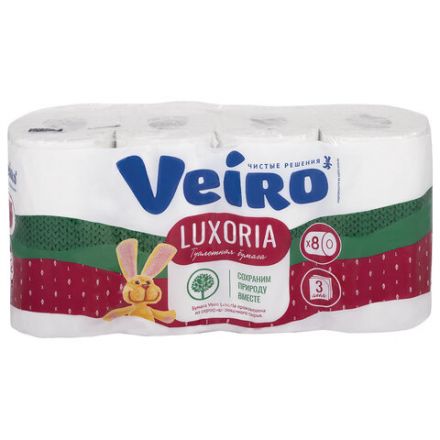 Бумага туалетная бытовая, спайка 8 шт., 3-х слойная (8х17 м), VEIRO Luxoria, белая, 5с38