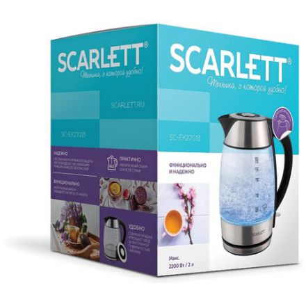 Чайник SCARLETT SC-EK27G13, 2 л, 2200 Вт, закрытый нагревательный элемент, стекло, стальной Чайник SCARLETT SC-EK27G13, 2 л, 2200 Вт, закрытый нагревательный элемент, стекло, стальной
