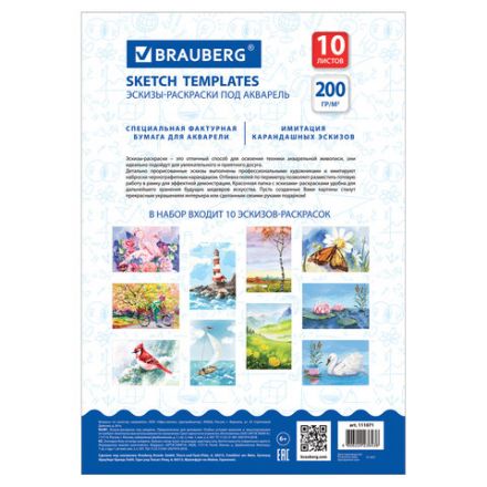 Бумага для акварели С ЭСКИЗОМ А4, 10 л., 200 г/м2, 210х297 мм, BRAUBERG, 111071 Бумага для акварели С ЭСКИЗОМ А4, 10 л., 200 г/м2, 210х297 мм, BRAUBERG, 111071