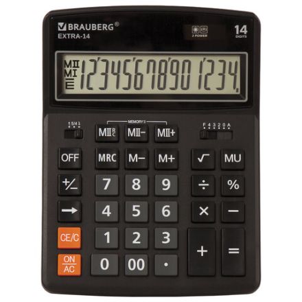 Калькулятор настольный BRAUBERG EXTRA-14-BK (206x155 мм), 14 разрядов, двойное питание, ЧЕРНЫЙ, 250474 Калькулятор настольный BRAUBERG EXTRA-14-BK (206x155 мм), 14 разрядов, двойное питание, ЧЕРНЫЙ, 250474