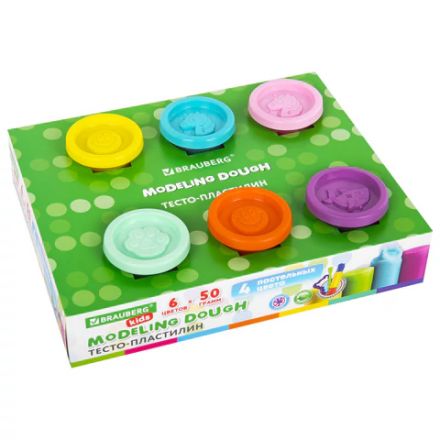 Пластилин-тесто для лепки BRAUBERG KIDS, 6 цветов, 300 г, 10 формочек, шприц, стек, крышки-штампики, 106719 Пластилин-тесто для лепки BRAUBERG KIDS, 6 цветов, 300 г, 10 формочек, шприц, стек, крышки-штампики, 106719