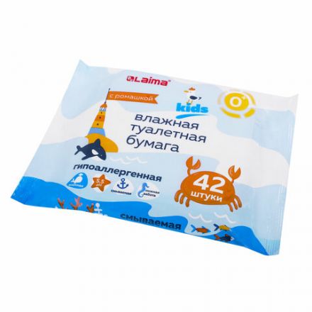 Бумага туалетная влажная детская, смываемая 42 шт., БИОРАЗЛАГАЕМАЯ, LAIMA Kids, 115223