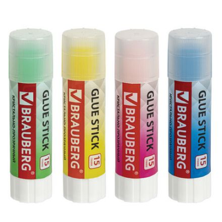 Клей-карандаш 15 г ВЫГОДНАЯ УПАКОВКА BRAUBERG "COLOR Crystal", 4 штуки на блистере, 271709