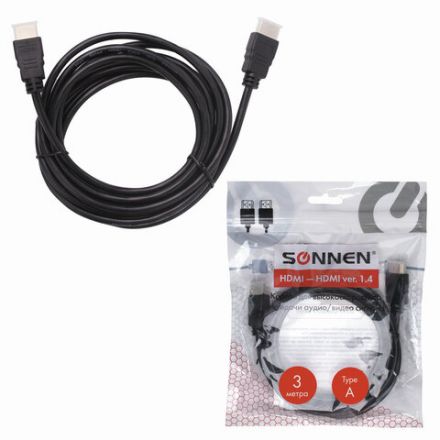 Кабель HDMI AM-AM, 3 м, SONNEN, ver1.4, FullHD, 4К, для ноутбука, компьютера, ТВ-приставки, монитора, телевизора, проектора, черный, 513121 Кабель HDMI AM-AM, 3 м, SONNEN, ver1.4, FullHD, 4К, для ноутбука, компьютера, ТВ-приставки, монитора, телевизора, проектора, черный, 513121