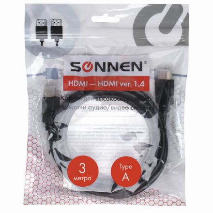 Кабель HDMI AM-AM, 3 м, SONNEN, ver1.4, FullHD, 4К, для ноутбука, компьютера, ТВ-приставки, монитора, телевизора, проектора, черный, 513121 Кабель HDMI AM-AM, 3 м, SONNEN, ver1.4, FullHD, 4К, для ноутбука, компьютера, ТВ-приставки, монитора, телевизора, проектора, черный, 513121