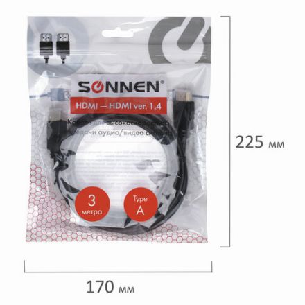 Кабель HDMI AM-AM, 3 м, SONNEN, ver1.4, FullHD, 4К, для ноутбука, компьютера, ТВ-приставки, монитора, телевизора, проектора, черный, 513121 Кабель HDMI AM-AM, 3 м, SONNEN, ver1.4, FullHD, 4К, для ноутбука, компьютера, ТВ-приставки, монитора, телевизора, проектора, черный, 513121