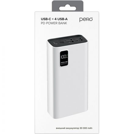 Внешний аккумулятор PERO PB07 30000 mAh,Li-Pol,output USB-C + 4USB-A,белый