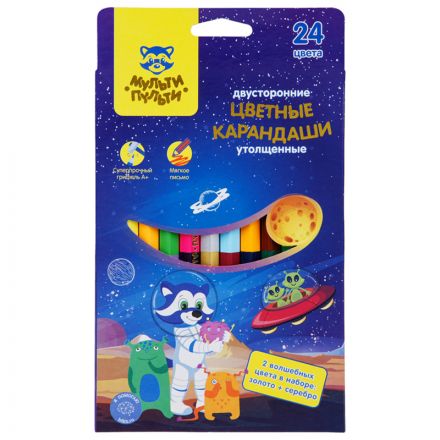 Карандаши цветные Мульти-Пульти "Енот в космосе", 24цв., 12шт., двусторонние, утолщенные, заточен., европодвес Карандаши цветные Мульти-Пульти "Енот в космосе", 24цв., 12шт., двусторонние, утолщенные, заточен., европодвес