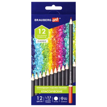 Карандаши художественные цветные BRAUBERG ART CLASSIC, 12 цветов, МЯГКИЙ грифель 3,3 мм, 181536 Карандаши художественные цветные BRAUBERG ART CLASSIC, 12 цветов, МЯГКИЙ грифель 3,3 мм, 181536