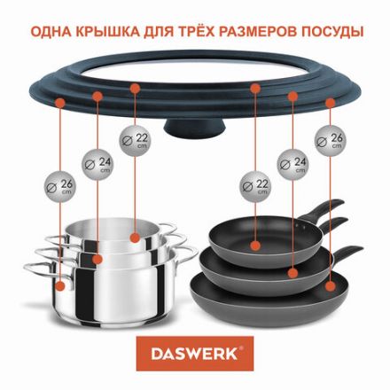 Крышка для любой сковороды и кастрюли универсальная 3 размера (22-24-26 см) антрацит, DASWERK (ДАСВЕРК), 607586