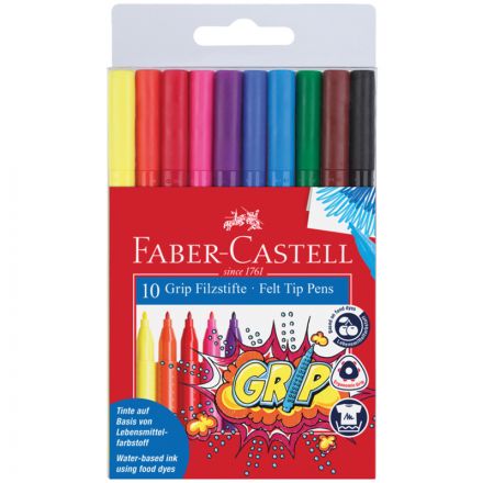 Фломастеры Faber-Castell "Grip", 10цв., трехгранные, смываемые, пластик. уп., европодвес Фломастеры Faber-Castell "Grip", 10цв., трехгранные, смываемые, пластик. уп., европодвес