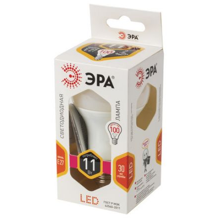 Лампа светодиодная ЭРА STD, 11 (100) Вт, цоколь E27, груша, теплый белый свет, 35000 ч., LED A60-11W-827-E27, Б0030910 Лампа светодиодная ЭРА STD, 11 (100) Вт, цоколь E27, груша, теплый белый свет, 35000 ч., LED A60-11W-827-E27, Б0030910