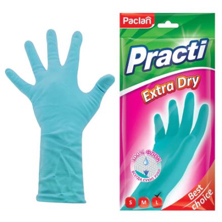 Перчатки МНОГОРАЗОВЫЕ резиновые PACLAN "Extra Dry", хлопчатобумажное напыление, 100% флок, размер 8,5-9, L (большой) синие, вес 54 г, 7350, 407350