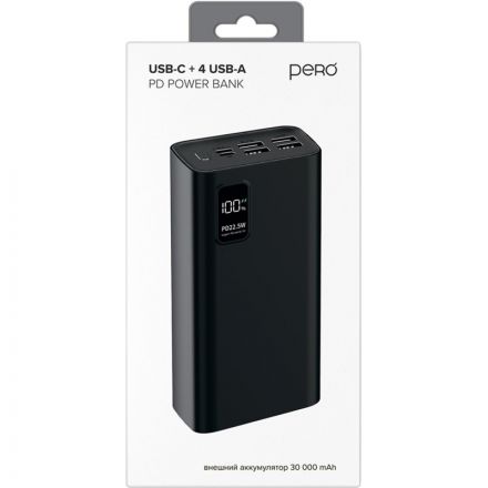 Внешний аккумулятор PERO PB07 30000 mAh,Li-Pol,output USB-C + 4USB-A,черный