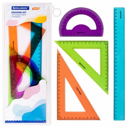 Набор чертежный большой BRAUBERG "FRUITY" (линейка 30 см, 2 треугольника, транспортир), ассорти, пенал, 210772 Набор чертежный большой BRAUBERG "FRUITY" (линейка 30 см, 2 треугольника, транспортир), ассорти, пенал, 210772