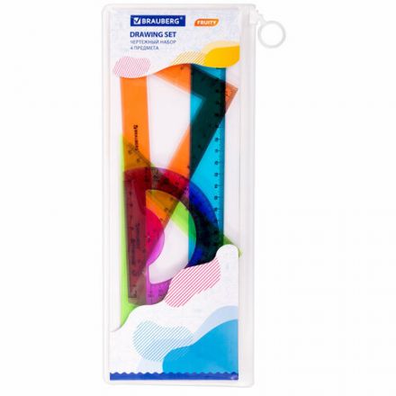 Набор чертежный большой BRAUBERG "FRUITY" (линейка 30 см, 2 треугольника, транспортир), ассорти, пенал, 210772 Набор чертежный большой BRAUBERG "FRUITY" (линейка 30 см, 2 треугольника, транспортир), ассорти, пенал, 210772