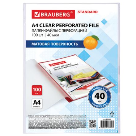 Папки-файлы перфорированные А4 BRAUBERG "STANDARD", КОМПЛЕКТ 100 шт., матовые, 40 мкм, 229660 Папки-файлы перфорированные А4 BRAUBERG "STANDARD", КОМПЛЕКТ 100 шт., матовые, 40 мкм, 229660
