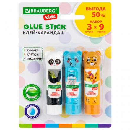 Клей-карандаш "Зверята: панда, слон, леопард" 9 г, фигурный колпачок, 3 шт./блистер, BRAUBERG KIDS, 272473 Клей-карандаш "Зверята: панда, слон, леопард" 9 г, фигурный колпачок, 3 шт./блистер, BRAUBERG KIDS, 272473