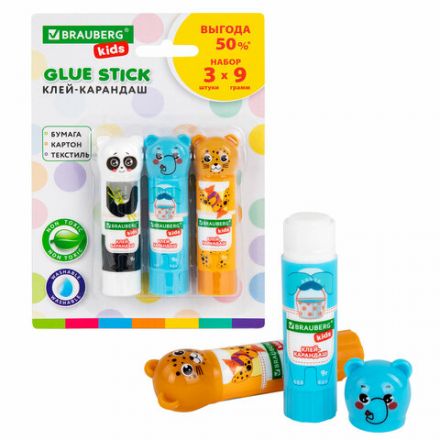 Клей-карандаш "Зверята: панда, слон, леопард" 9 г, фигурный колпачок, 3 шт./блистер, BRAUBERG KIDS, 272473 Клей-карандаш "Зверята: панда, слон, леопард" 9 г, фигурный колпачок, 3 шт./блистер, BRAUBERG KIDS, 272473