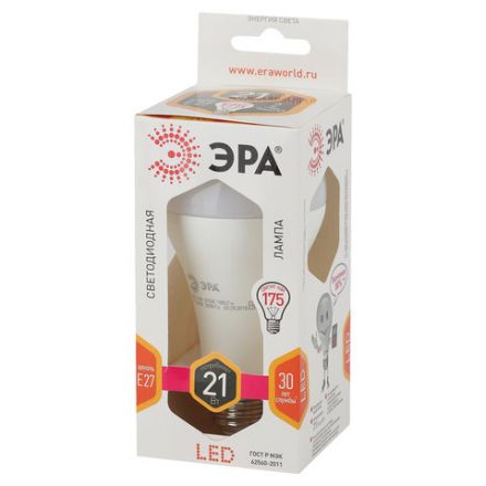 Лампа светодиодная ЭРА STD, 21 (175) Вт, цоколь E27, груша, теплый белый свет, 25000 ч., LED A65-21W-827-E27, Б0035331 Лампа светодиодная ЭРА STD, 21 (175) Вт, цоколь E27, груша, теплый белый свет, 25000 ч., LED A65-21W-827-E27, Б0035331