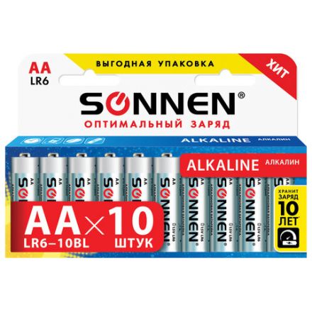 Батарейки КОМПЛЕКТ 10 шт., SONNEN Alkaline, АА (LR6, 15А), алкалиновые, пальчиковые, короб, 451086 Батарейки КОМПЛЕКТ 10 шт., SONNEN Alkaline, АА (LR6, 15А), алкалиновые, пальчиковые, короб, 451086