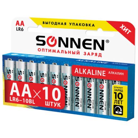 Батарейки КОМПЛЕКТ 10 шт., SONNEN Alkaline, АА (LR6, 15А), алкалиновые, пальчиковые, короб, 451086 Батарейки КОМПЛЕКТ 10 шт., SONNEN Alkaline, АА (LR6, 15А), алкалиновые, пальчиковые, короб, 451086
